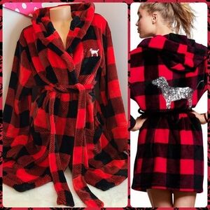 Y2K VS PINK Cozy Plush Buffalo Plaid Bling Hooded Robe Size M/L